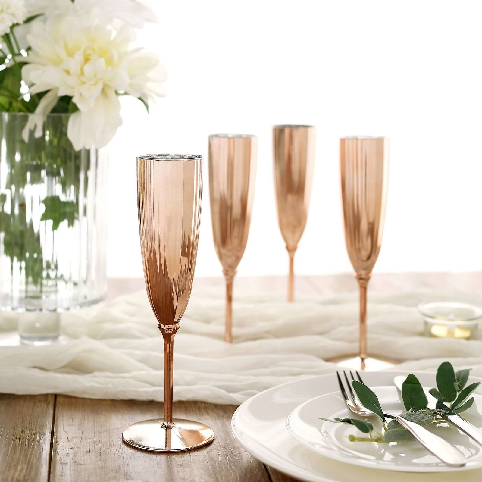 6-Pack Plastic Champagne Flutes 5oz Metallic Rose Gold - Stylish Disposable Champagne Glasses for Cocktail Parties & Receptions - Pack of 6 Flutes